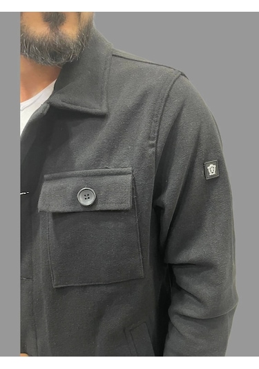 Erkek Cep Detaylı Kışlık Siyah Kaşe Gömlek Siyah