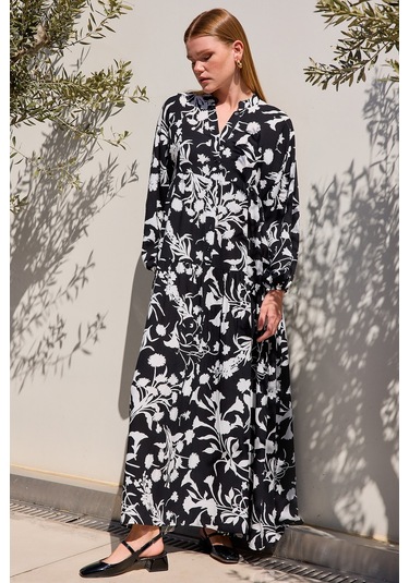 Bigdart Kadın Siyah Beyaz Viskon Tesettür Elbise 2423 001