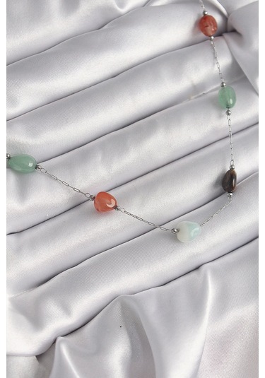 316l Çelik Gümüş Renk Zincir Renkli Doğaltaş Model Kadın Kolye Çok Renkli