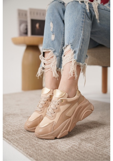 D383 Günlük Ortopedik Kadın Sneaker Spor Ayakkabı Bej