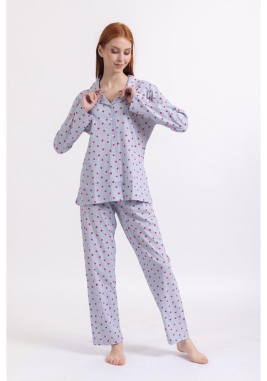 Kadın Dört Mevsim %100 Pamuk Düğmeli Kalp Desenli Yüksek Kalite Pijama Takımı 9323 - Mavi