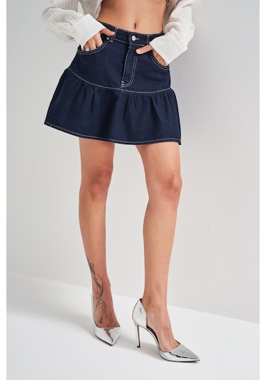 Itsbasic Kadın Koyu Mavi Renk 1s5-50 Volanlı Süper Mini %100 Koton Denim Etek