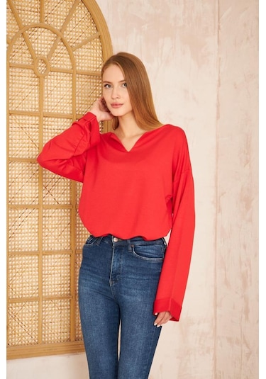 Kadın Ekstra Uzun Duble Kol / Yakası Yırtmaçlı Salaş Sweatshirt Bluz 3470190 Kırmızı