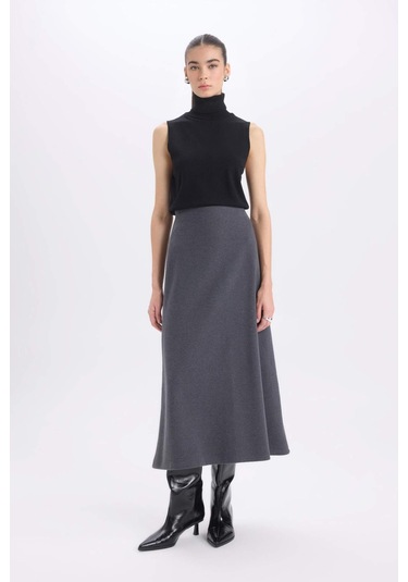 DeFacto A Kesim Esnek Belli Basic Düz Normal Bel Maxi Etek D5407AX24AUAR104 Antrasit