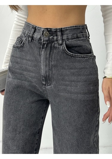 Kadın Bıyıklı Kar Yıkama Bol Paça Kot Pantolon Siyah