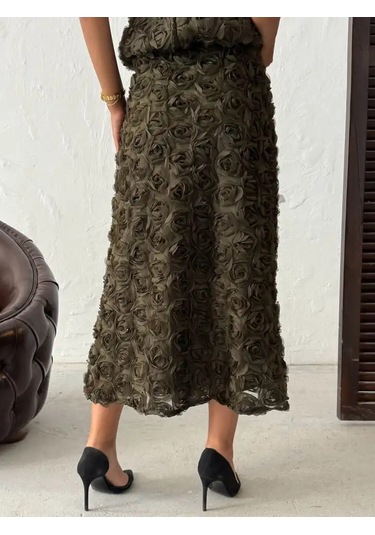 Gül Desenli Tül Etek Haki Yeşili