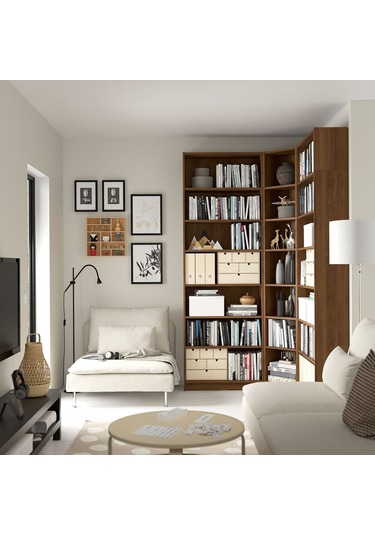 Köşe Kitaplık, Kahverengi Ceviz Görünüm, 136/136x28x237 Cm Abanoz