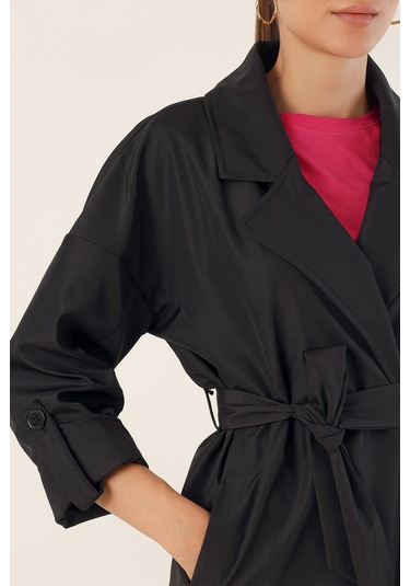 Bigdart 9104 Kruvaze Yaka Astarlı Trençkot - Siyah 001