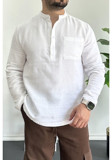 Erkek Hakim Yaka Yarım Patlı Cepli Gömlek Beyaz Edw361 Beyaz