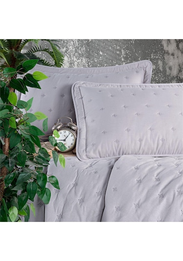 Clasy Microfiber Nakışlı Çift Kişilik Yatak Örtüsü Seti Aspendos Gri