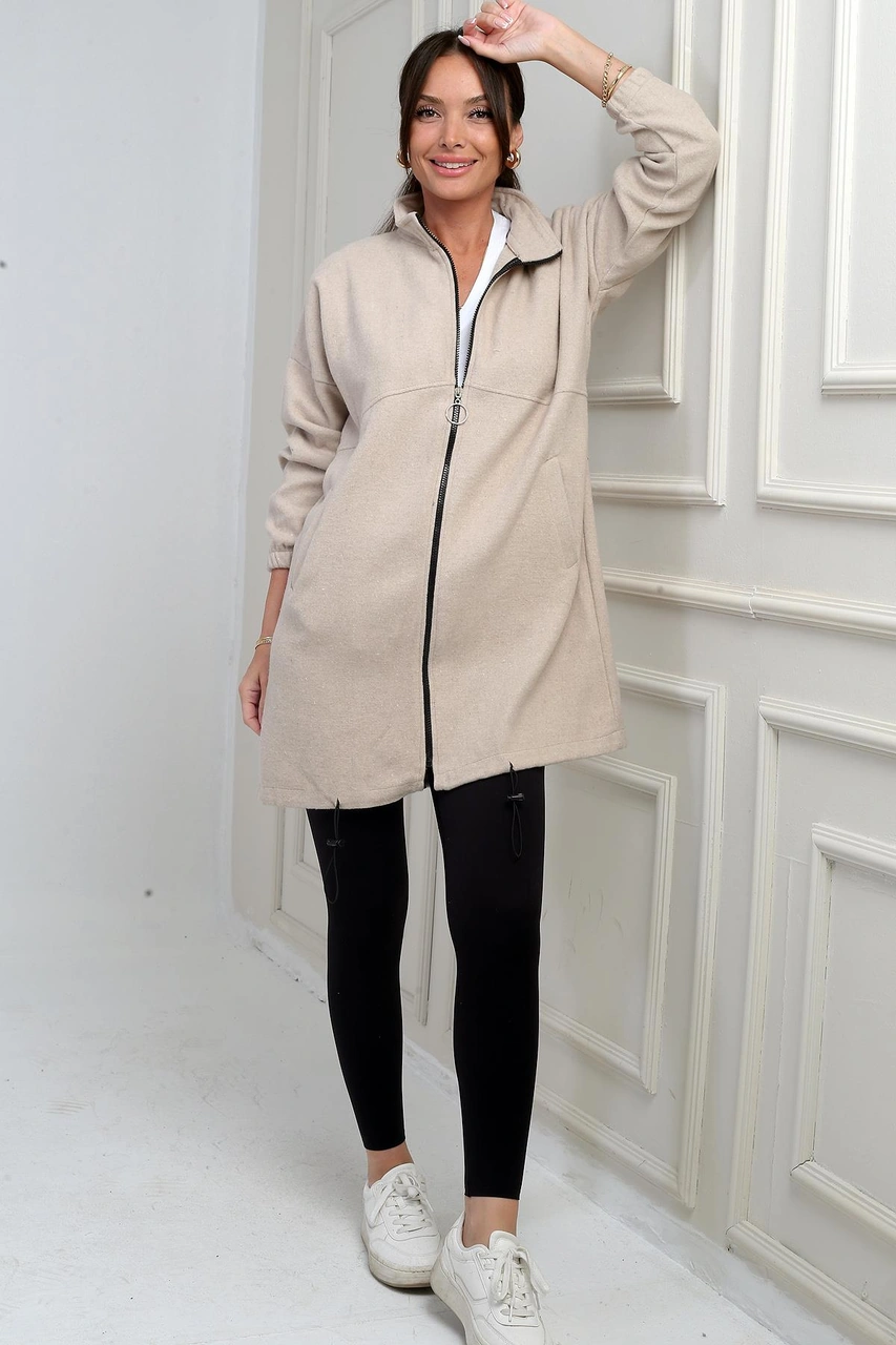 Kadın Önü Fermuarlı Altı Lastikli Cepli Uzun Kaşe Mont-41921 Bej