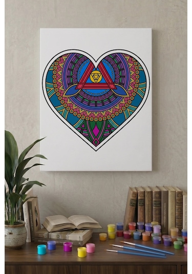 Kalp Desenli Mandala Ahşap Boyama Seti 40x50 Cm