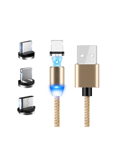 Skycity 2m Altın Usb 3'lü Şarj Kablosu, Manyetik Bağlantı, Led Işık, Mikro Usb/type-c/lightning Uyumlu, Nylon Kablo, Sık Tak-çık Olmaksızın
