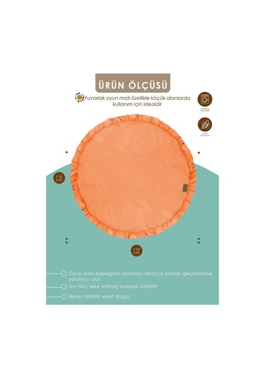 Mordesign Bebek/çocuk Oyun Halısı, Yenidoğan Emekleme Pedi, Aktivite Matı, Çok Amaçlı Minder, Kampçı Serisi 110 X 110 Turuncu