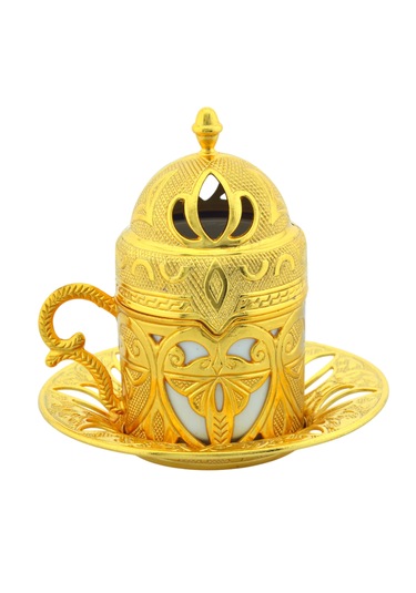 Defne 6 Kişilik 24 Parça Metal Porselenli Altın Renk Kahve Fincan Seti Altın