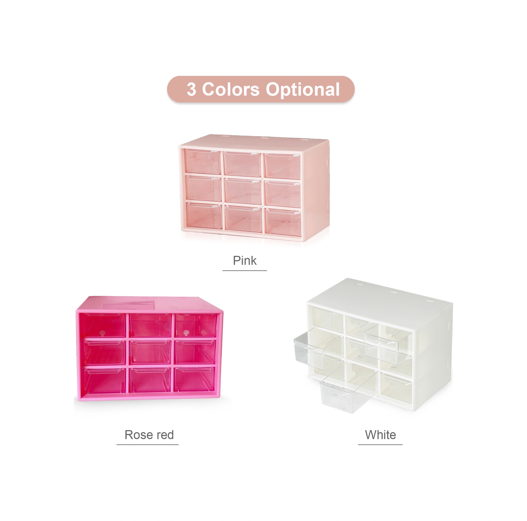 Yuntech01 Plastik 9 Bölmeli Çekmeceli Depolama Kutusu - Toz Koruma - Pembe - Parça Ve Alet Saklama Pembe