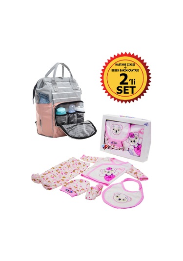 Bebek Bakım Çantası Ve 5 Parça Hastane Çıkışı Panda İkili Set Pembe