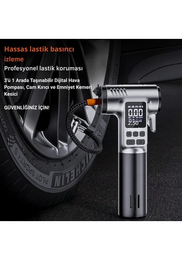 Coofbe 4in1 150psı 4000mah Şarjlı Araç Lastik Şişirme Pompası+emniyet Kemer Kesici+cam Kırıcı+led Işıklı