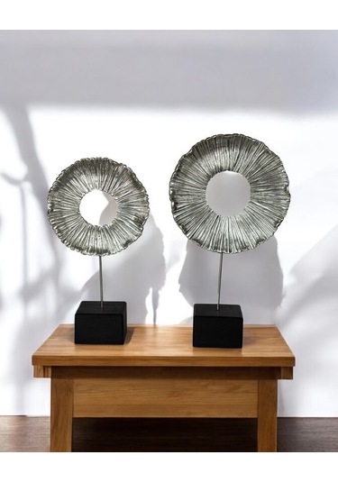 2'li Dekoratif Daire Yaprak Biblo Obje C 4106 - Gümüş