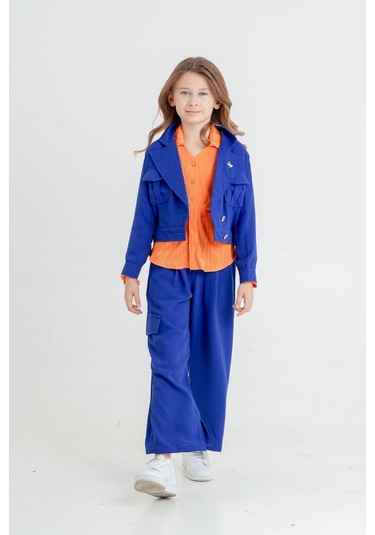 Kız Çocuk Crop Ceketli Üçlü Takım 4407 Saks