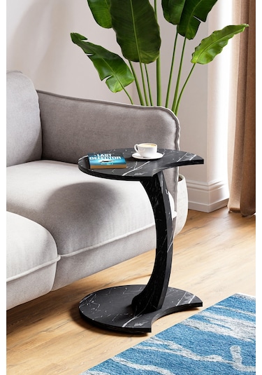 Jet Tekerlekli C Sehpa Koltuk Sehpası Yan Sehpa Zigon Sehpa Servis Sehpası Siyah Mermer