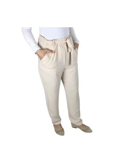 Kadın Beli Lastikli Kuşaklı Cepli Dar Paça Ayrobin Pantolon Krem