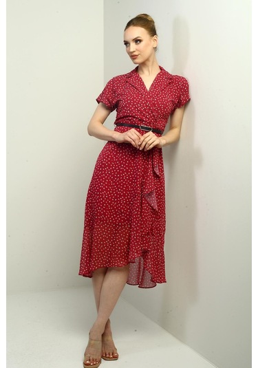 Kadın Kruvaze Yaka Astarlı Çıtır Desen Önü Volanlı Şifon Elbise-40728 Fuşya