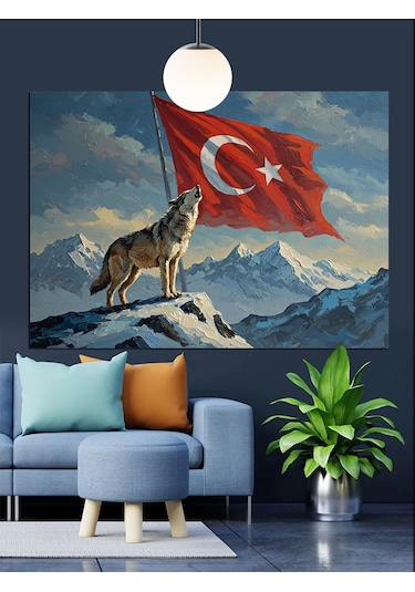 Dağ Başında Türk Bayrağı Dekoratif Kanvas - Mdf Ahşap Tablo