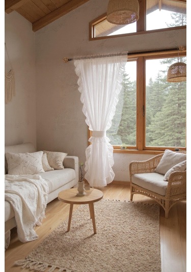 Fırfırlı Tül Perde Tek Kanat Romantik Volanlı Bağlamalı Ekru