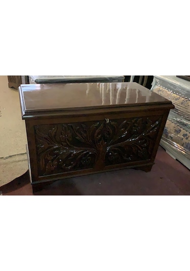 Çeyiz Sandık Ahşap Kayın El Oyma Model Kilitli Parlak Ceviz Natüre El Yapım