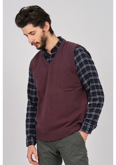 Arslanlı Erkek Lambswool V Yaka Süveter 0767991 Mürdüm-Mürdüm