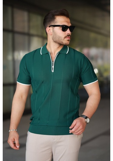 Erkek Dikey Kabartmalı Örgü Dokulu Fermuar Yakalı Tişört Yeşil