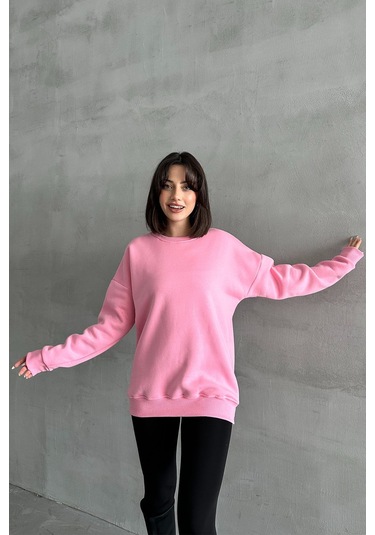 Kadın Pembe Bisiklet Yaka Oversize Sweatshirt Pembe