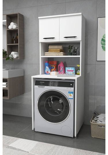 Enda Home Çamaşır Makinesi Dolabı 3 Raflı Kapaklı Banyo Dolabı Beyaz