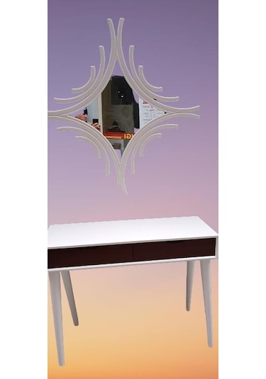 Dresuar Ahşap Kayın Retro Ayak Çift Çekmece CNC Ayna Beyaz Ceviz El Yapımı Beyaz - Ceviz