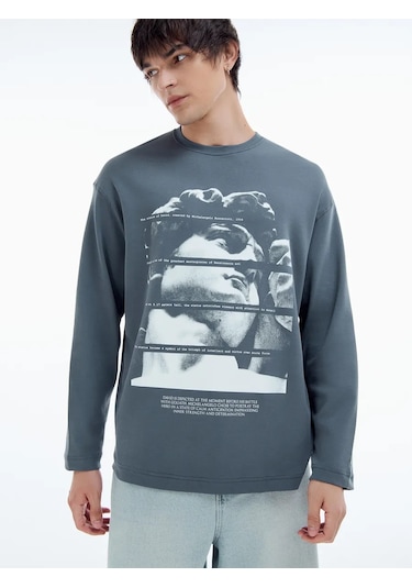 Tvoe Antik Heykel Baskılı Oversize Uzun Kollu Erkek Tişört 479789516 Koyu Gri