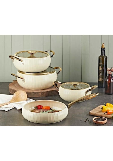 Oms 7 Parça Biogranit Seramik Tencere Seti Krem-gold 12001