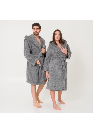 Uzun Kapüşonlu Welsoft Sabahlık Aile Seti-Gri