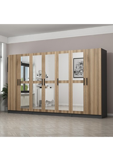 Minar Kale 7 Kapaklı 5 Aynalı 2 Çekmeceli Dolap Antrasit Dore 190cm Çok Renkli