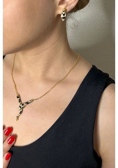 18k Altın Kaplamalı 925 Ayar Gümüş Tasarım Yılan Set - 67022102 Altın