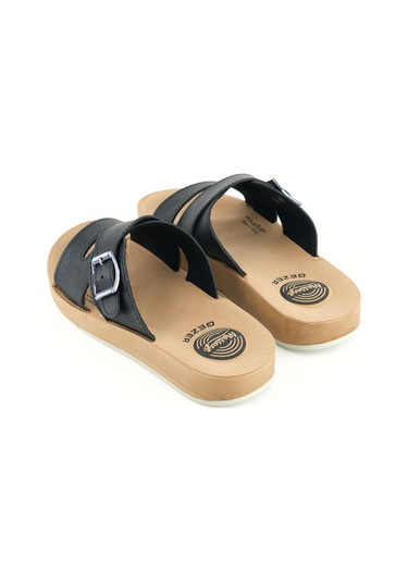 Gezer Kadın Yazlık Alt Taban Pu Suni Deri Tek Toka Ayarlanabilir Rahat Masaj Taban Günlük Terlik Siyah