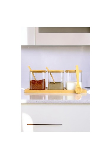 Digithome 3 Lü Borosilikat İnce Cam Ve Ahşap Standlı Baharatlık Kavanoz Takımı Seti Kahverengi F/3 C1-1-289