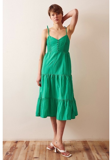 Sırtı Büzgülü Askılı Elbise Yeşil