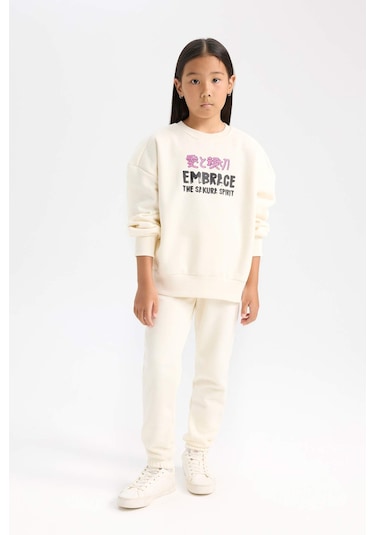 DeFacto Kız Çocuk 2'li Takım Baskılı Kalın Sweatshirt Üst Beli Lastikli Jogger Eşofman Altı D4869A824WNER99 Ekru DeFacto Kız Çocuk 2'li Takım Baskılı Kalın Sweatshirt Üst Beli Lastikli Jogger Eşofman Altı D4869A824WNER99 Ekru