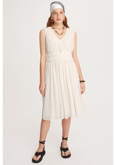 Perspective V Yaka Midi Şifon Elbise - Minimalist Yazlık Elbise Ekru