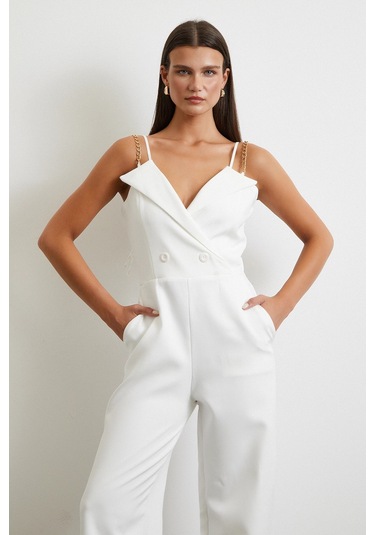 Zincir Detaylı Tulum Beyaz Beyaz