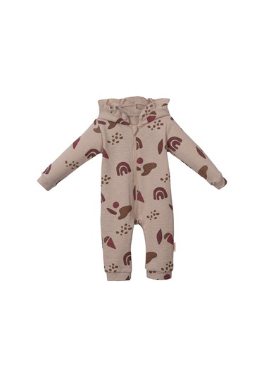 Fırfır Kapşonlu Desenli Patiksiz Tulum Bej