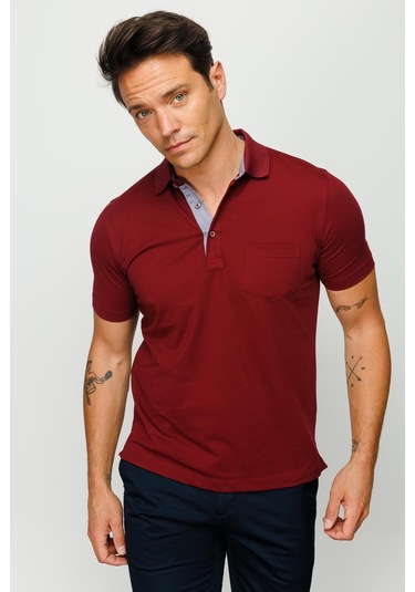 Erkek Polo Yaka Düğmeli Cepli T-shirt Bordo Bordo