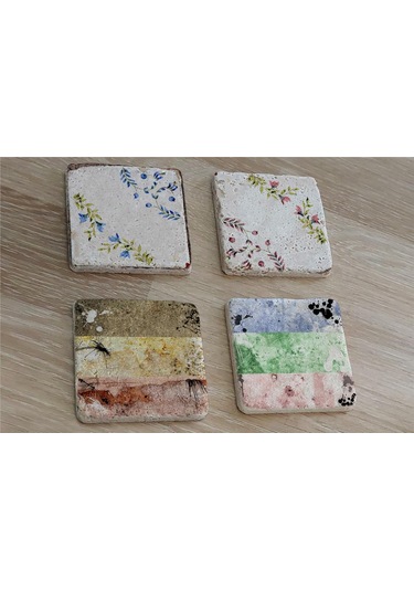 Çiçekli Desenler Doğal Taş Bardak Altlığı 4'lü Set - Natural Stone Coasters-174252 Çok Renkli