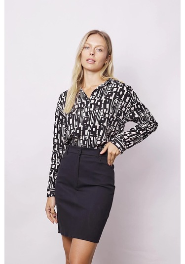 Kadın Cep Detaylı Diz Üstü Hafif Likralı Pamuklu Kumaş Kalem Etek-siyah Siyah